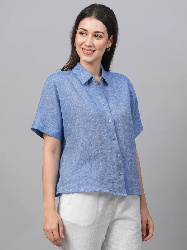 Women's Chambray Blue Linen Boxy Fit Blouse