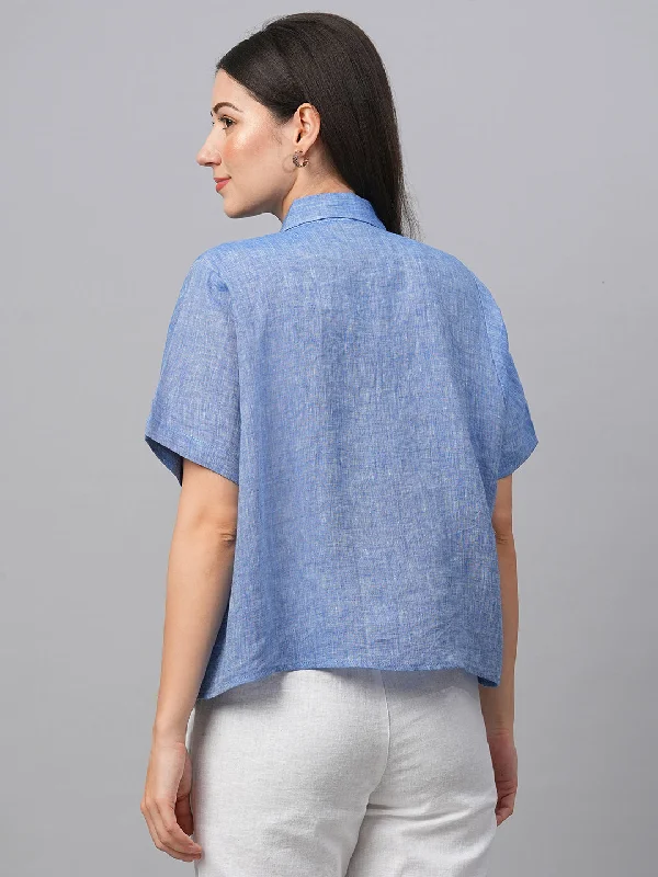 Women's Chambray Blue Linen Boxy Fit Blouse