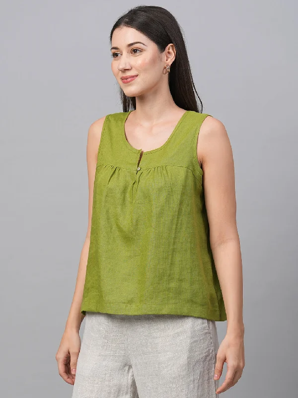 Women's Green Linen Regular Fit Blouse