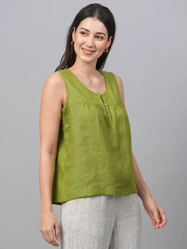 Women's Green Linen Regular Fit Blouse