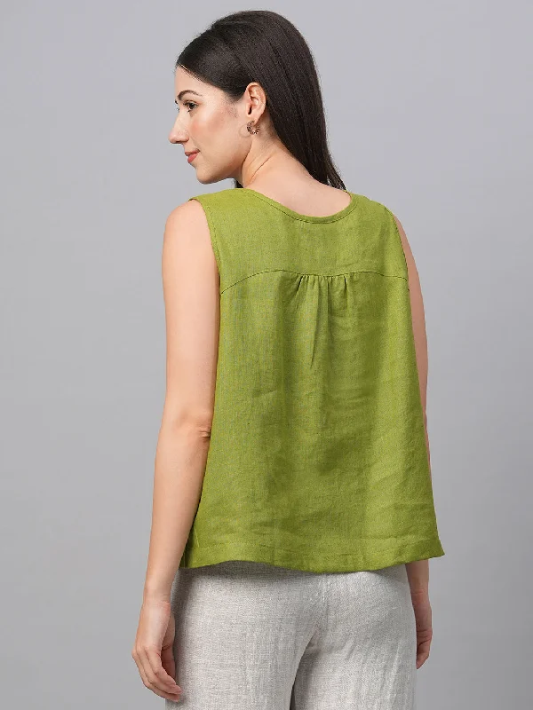 Women's Green Linen Regular Fit Blouse