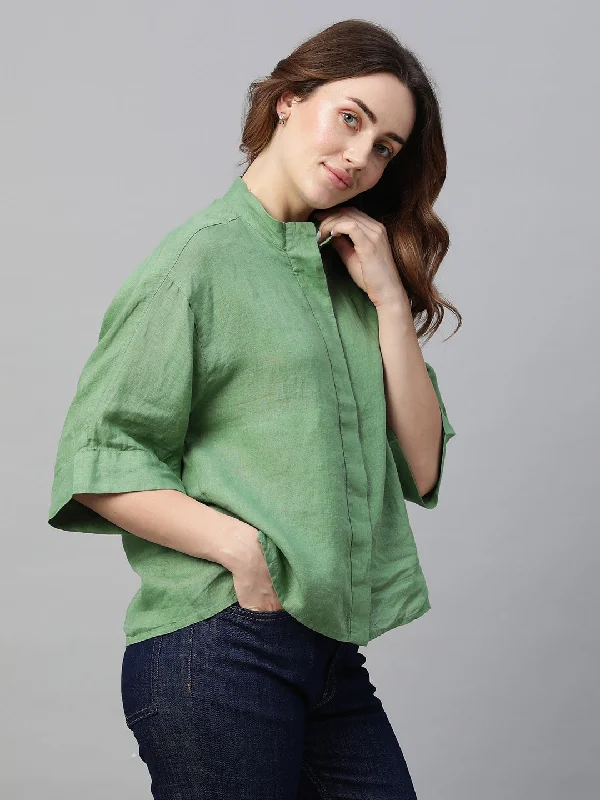 Women's Green Linen Regular Fit Blouse