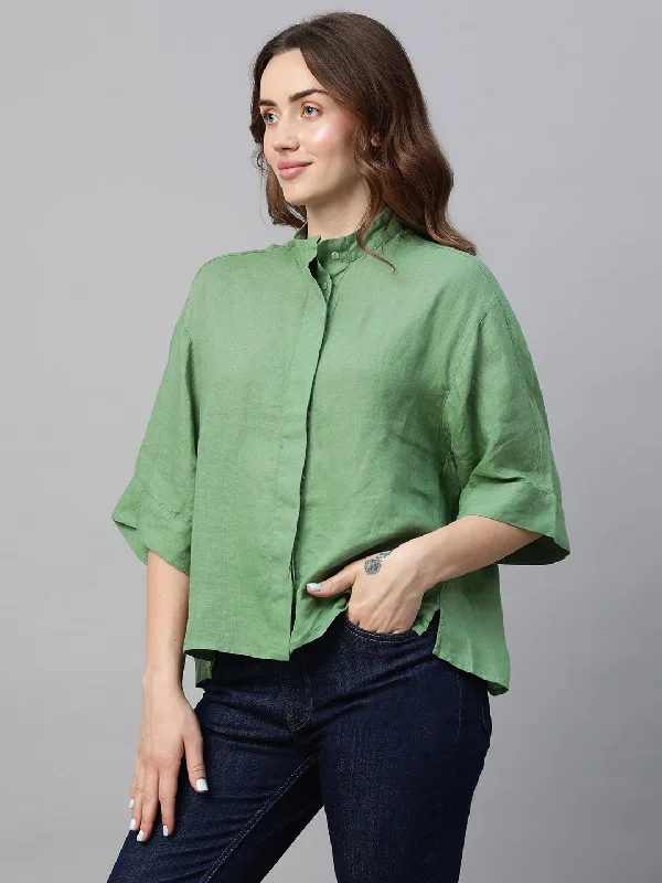 Women's Green Linen Regular Fit Blouse