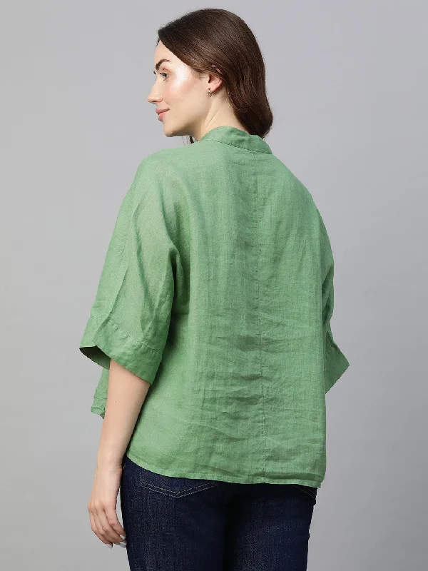 Women's Green Linen Regular Fit Blouse