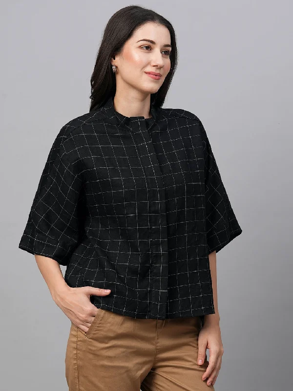 Women's Black Linen Boxy Fit Blouse