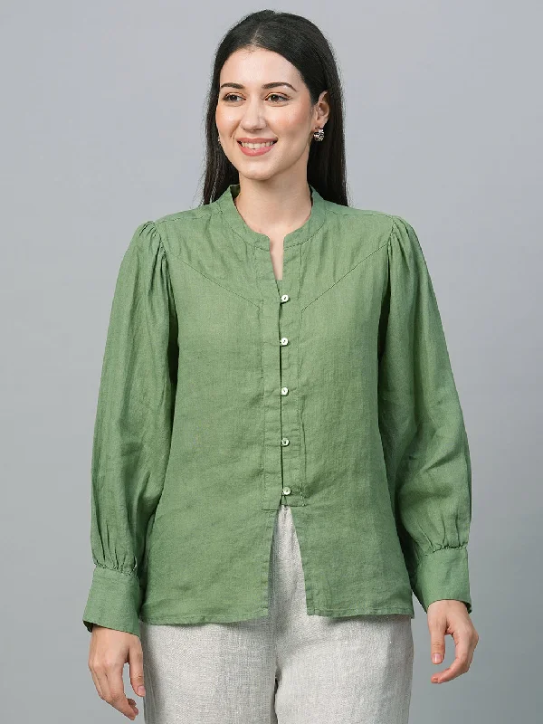 Women's Green Linen Regular Fit Blouse