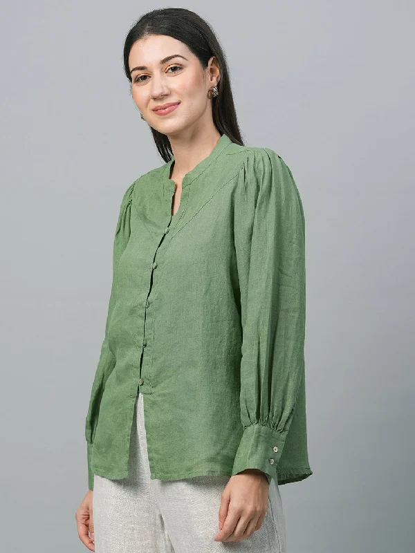 Women's Green Linen Regular Fit Blouse