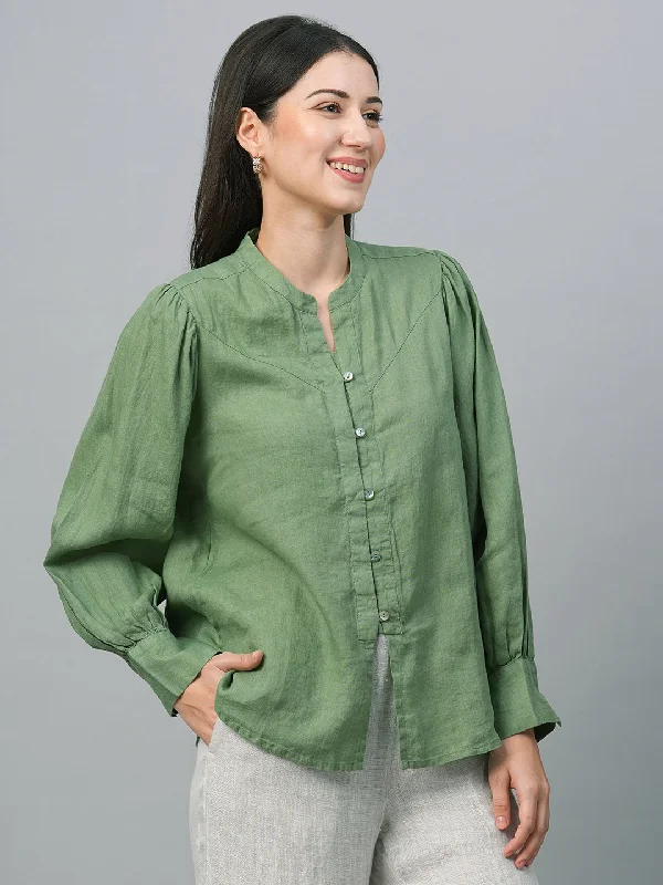 Women's Green Linen Regular Fit Blouse