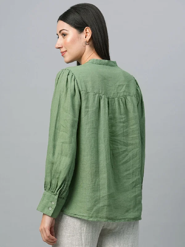 Women's Green Linen Regular Fit Blouse