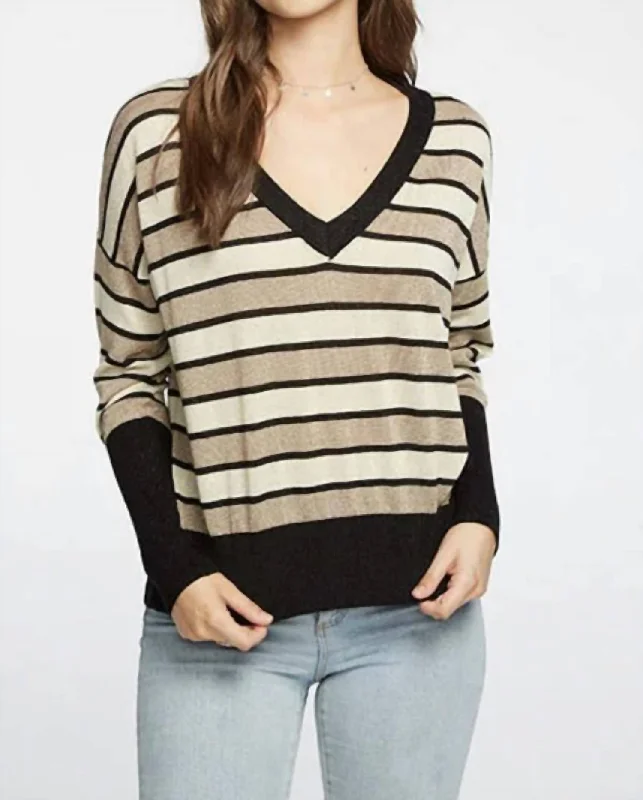 Long Sleeve Striped V-Neck Sweater In Black & Gold Stripe