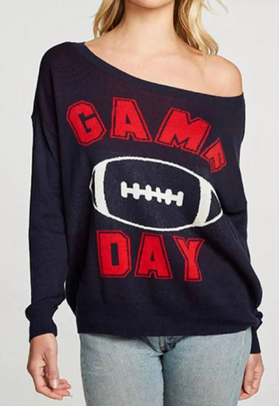 Long Sleeve Wide Neck Game Day Pullover In Navy