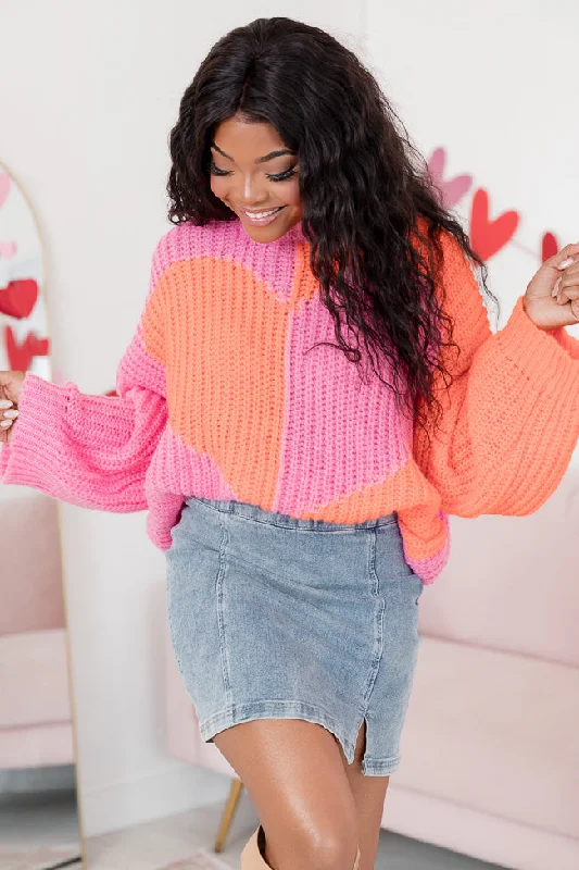 Love Me Now Orange And Pink Colorblock Heart Sweater FINAL SALE