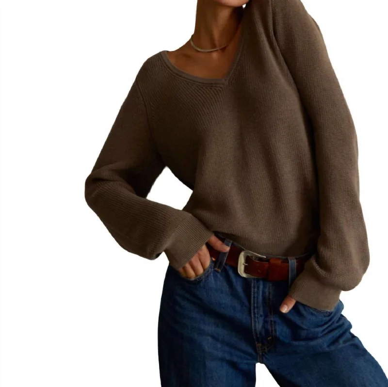 Neveah Puff Sleeve V-Neck Sweater In Granite