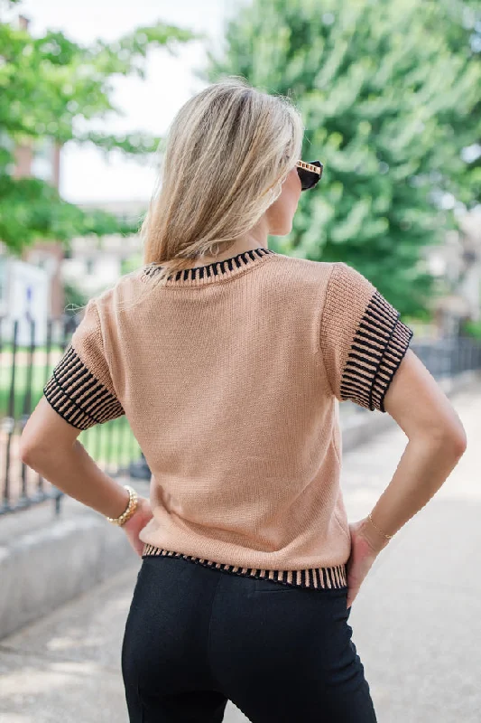 Piece Of My Heart Tan And Black Short Sleeve Trim Detail Sweater