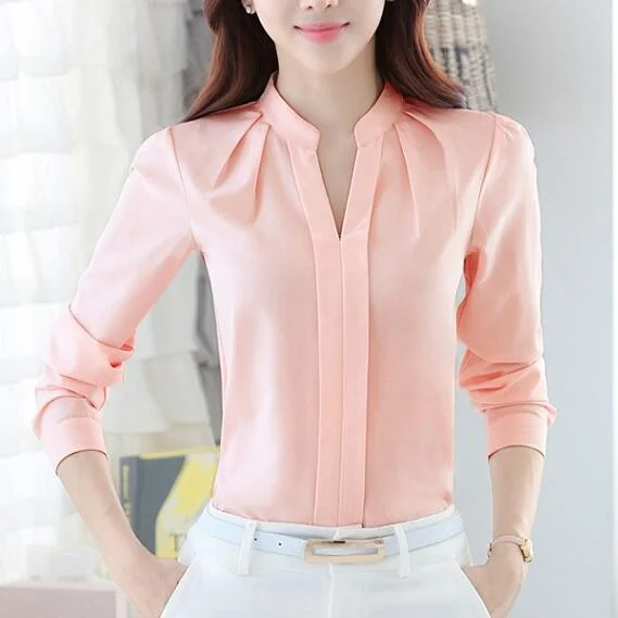 Spring Autumn Women Tops Long Sleeve Casual Chiffon Blouse Female V-Neck Work Wear Solid Color White Office Shirts For Women