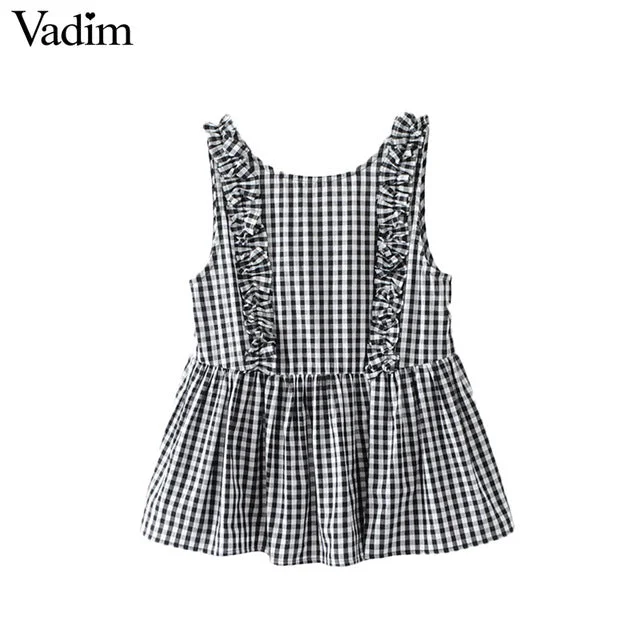 Vadim women sweet ruffles plaid pleated shirts buttons sleeveless backless checked blouse ladies summer casual tops blusas WT459