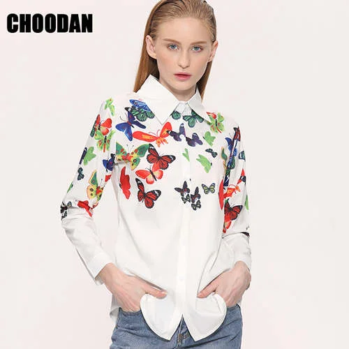 White Blouse Shirt Elegant Floral/Butterfly Print Blouse Women 2017 New Spring Autumn European Long Sleeve Blouses Female Tops