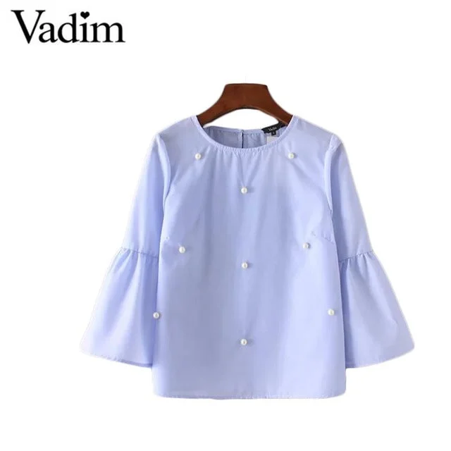 Women elegant pearls beading flare sleeve shirt O neck blouse three quarter sleeve summer brand casual tops blusas LT1799