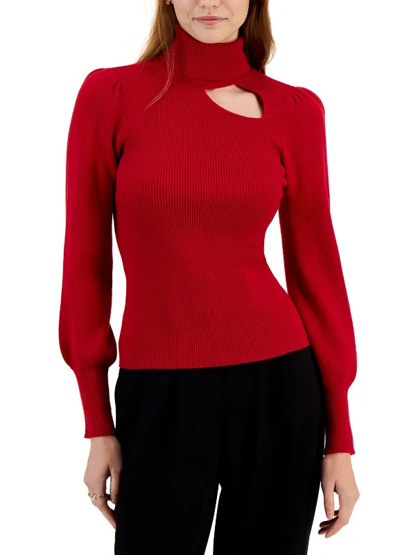 Womens Ribbed Cut Out Mock Turtleneck Sweater