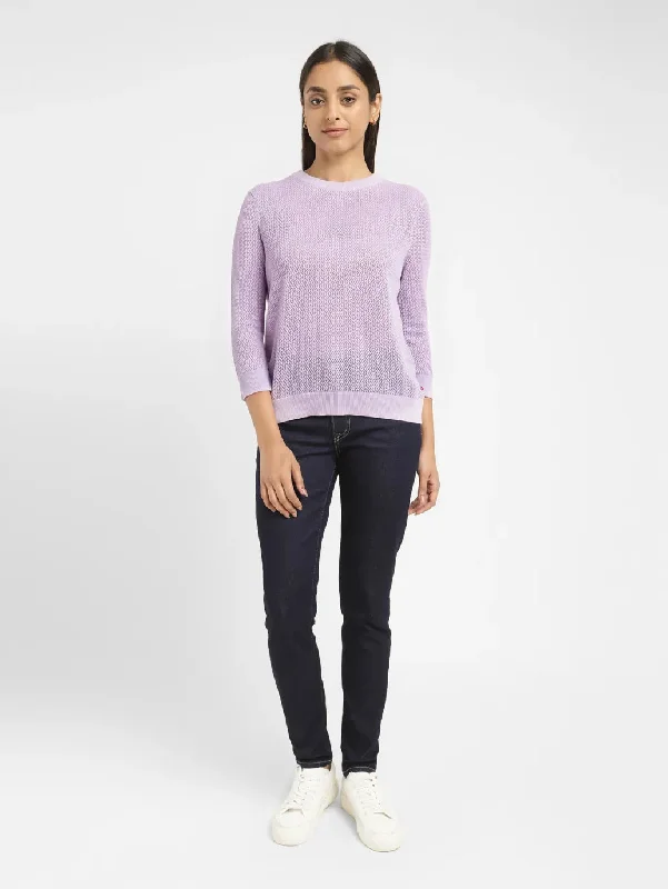 Women's Self Design Lilac Crew Neck Sweater