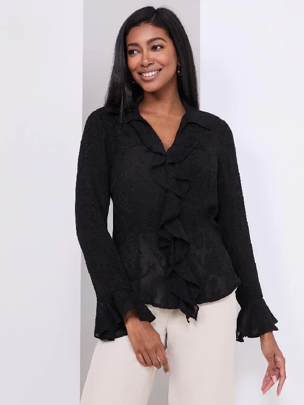 Textured Button-Front Blouse With Ruffle Details