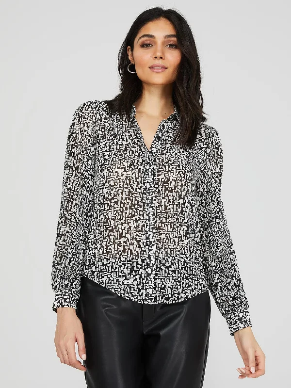 Printed Button-Front Blouse With Pleated Sleeves