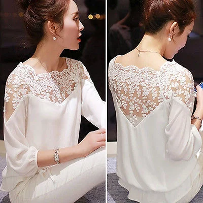 2019 New Sexy Fashion Women Hollow Out Lace Chiffon Blouse Casual Ladies Elegant Lace Shirt