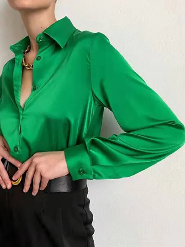 FashionSierra - Elegant Long Sleeve Green Silk Blouse