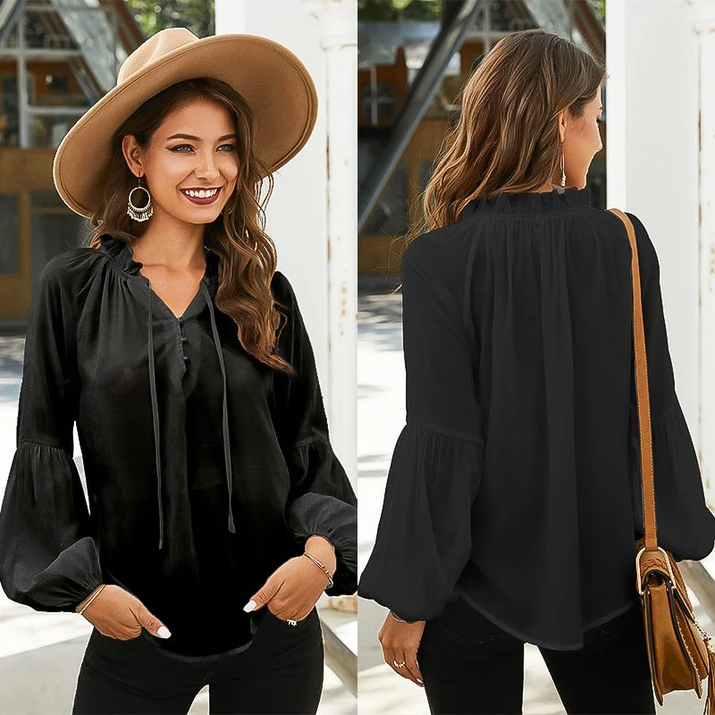 KittenAlarm - Women drawstring neck lantern Long Sleeve Chiffon Shirt Solid Color Tops Plus Size Blouse