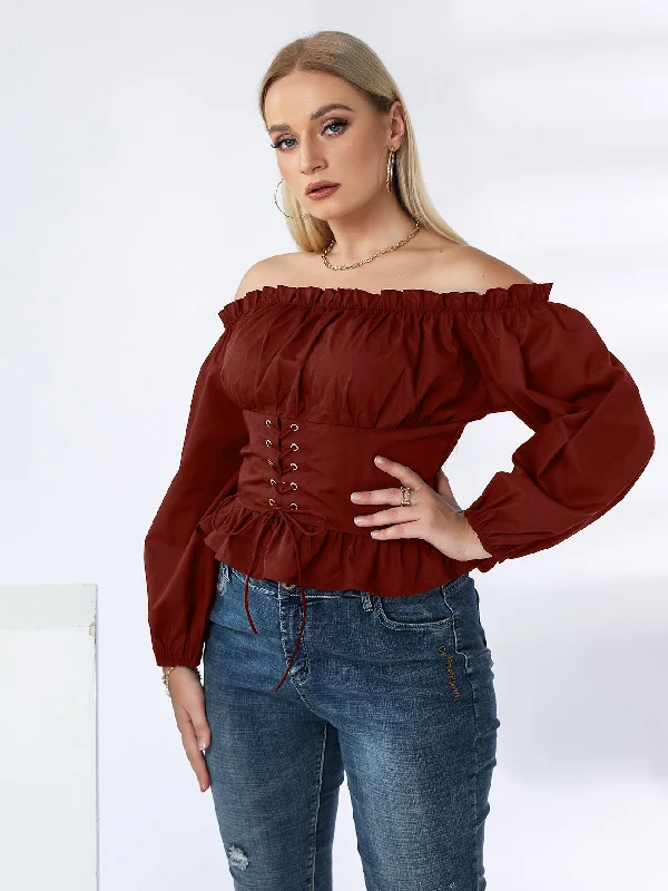 KittenAlarm - Plus Off Shoulder Lace Up Ruffle Hem Peplum Blouse