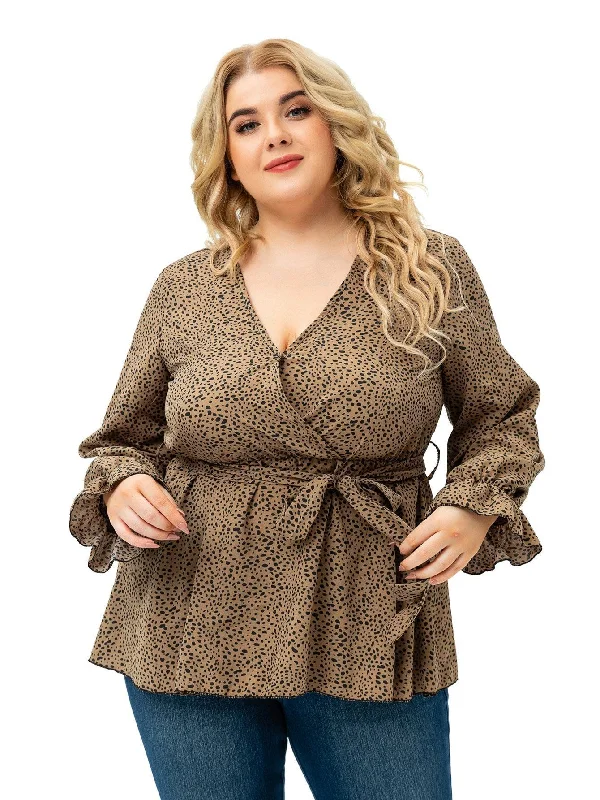 KittenAlarm - Long Sleeve V Neck Dots with Belt Plus Size Blouse Top