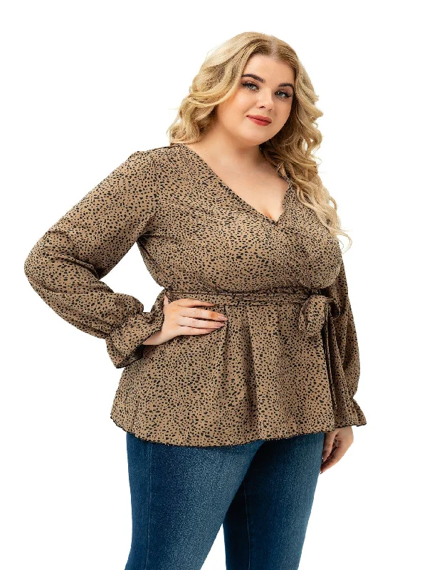 KittenAlarm - Long Sleeve V Neck Dots with Belt Plus Size Blouse Top