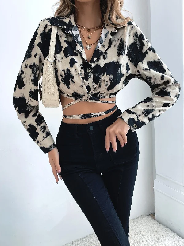 KittenAlarm - Animal Print Button Up Self Waist Tie Crop Blouse