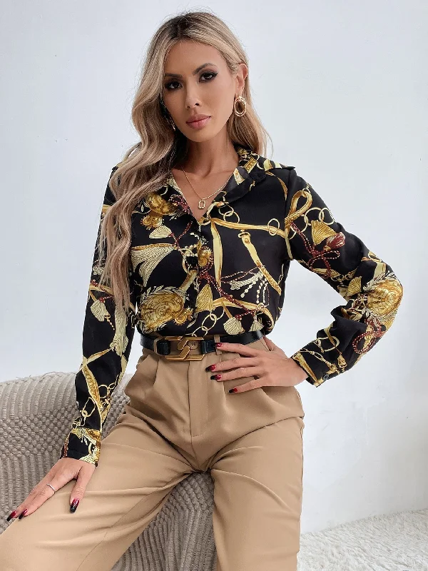 KittenAlarm - Chain Print Button Front Blouse