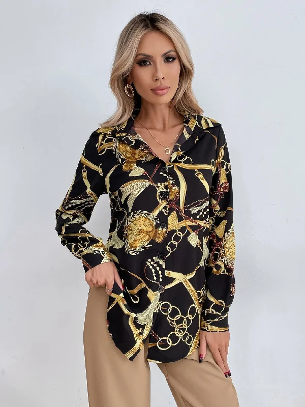 KittenAlarm - Chain Print Button Front Blouse