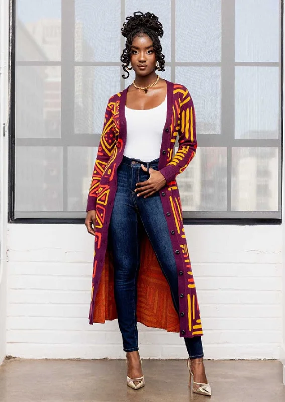 Aisha Women's African Print Cardigan (Plum Gold Tribal)