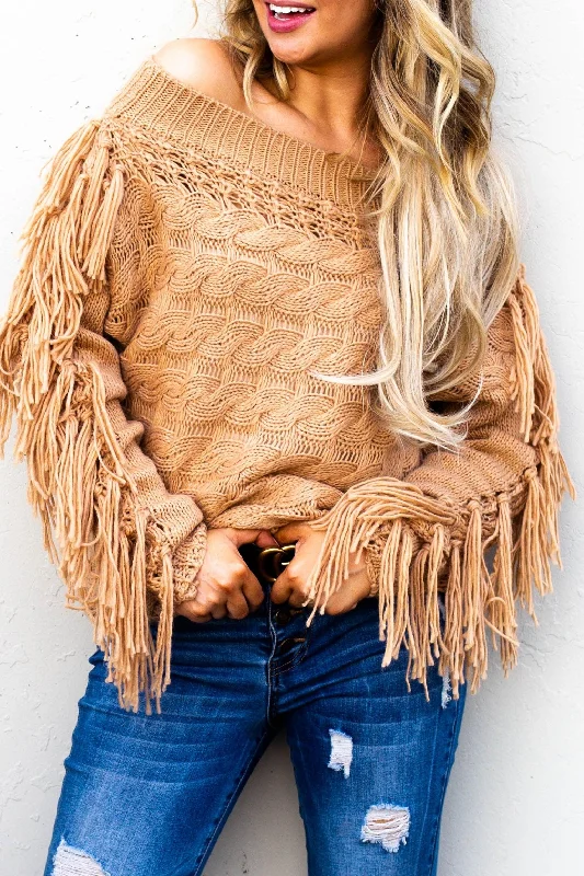 Chic Tassel Detail Sleeve Off Shoulder Pullover Sweater