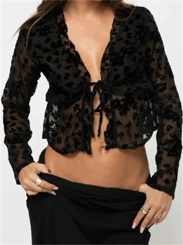 Women's Long Sleeve Front Split Lace Tops See-through Cropped Blouse