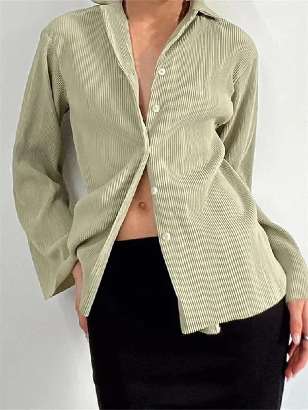 Women's Button Down Solid Color Pleated V-neck Long Sleeve Loose Cardigan Streetwear Blouse