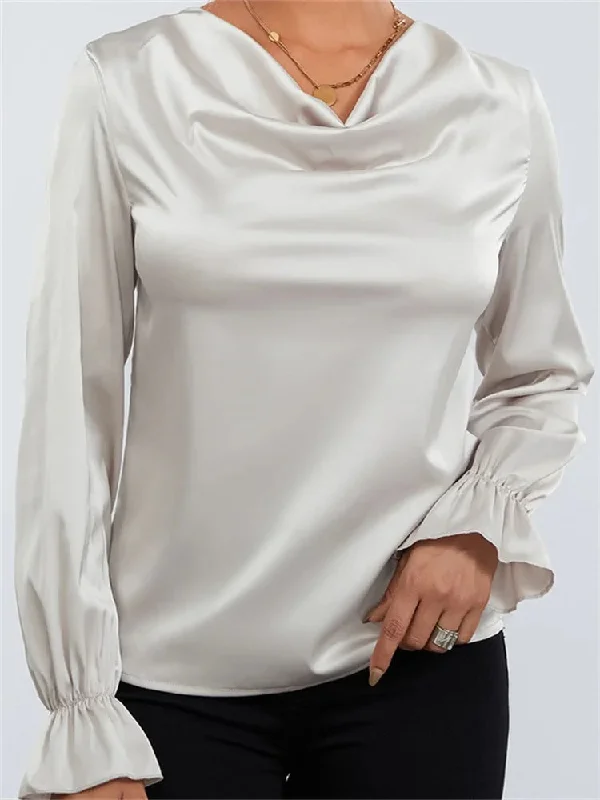 Women's OL Long Sleeve Solid Color Ruched Low Cut Neck Formal Party Tops Blouse