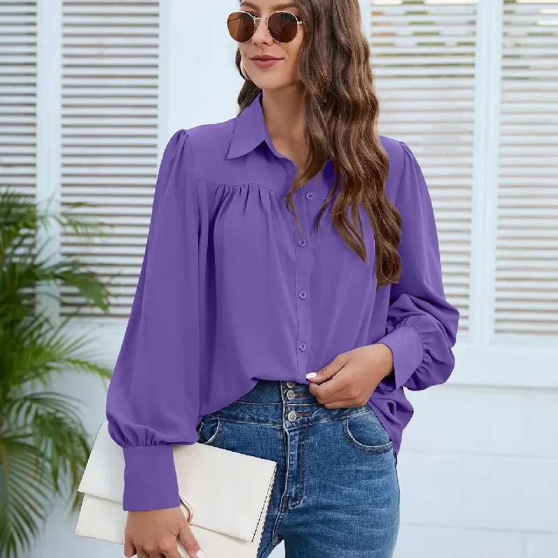 Chiffon Fashion Ruched Long Sleeve Turn Down Collar Office Lady Elegant White Loose Top Blouse