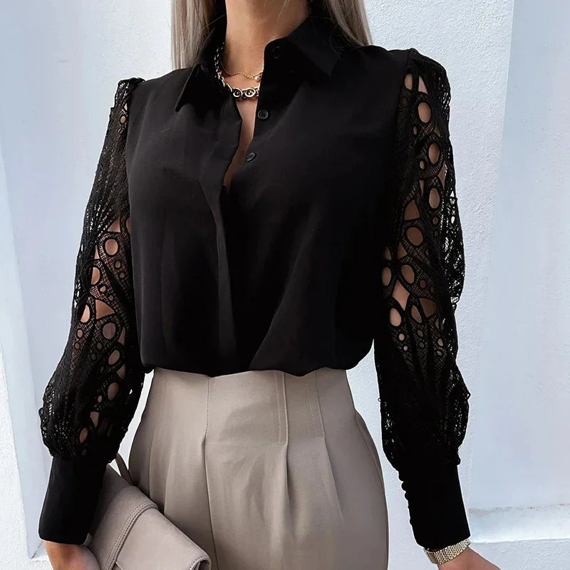 Lace Patchwork 2024 Spring Hollow Out Long Sleeve Turn-down Collar White Button Up Office Wear Blouse