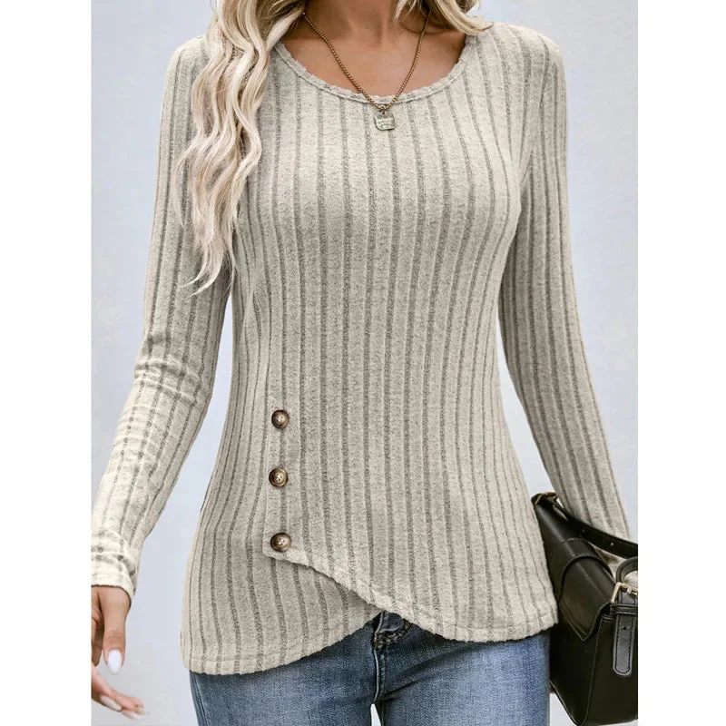 FashionSierra - Fashionable Casual Solid Color Waist Round Neck Comfortable Tight Long Sleeve Blouse