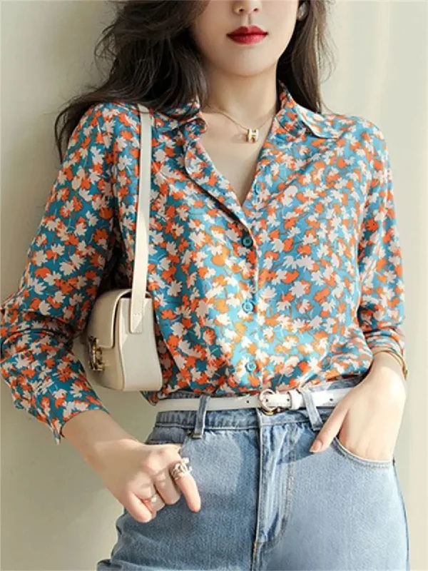 Spring Autumn Casual Printed Turn-down Collar Long Sleeve Blouse