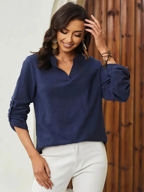 FashionSierra - Solid Color Casual Elegant Basic V-Neck Long Sleeve Tops Blouse