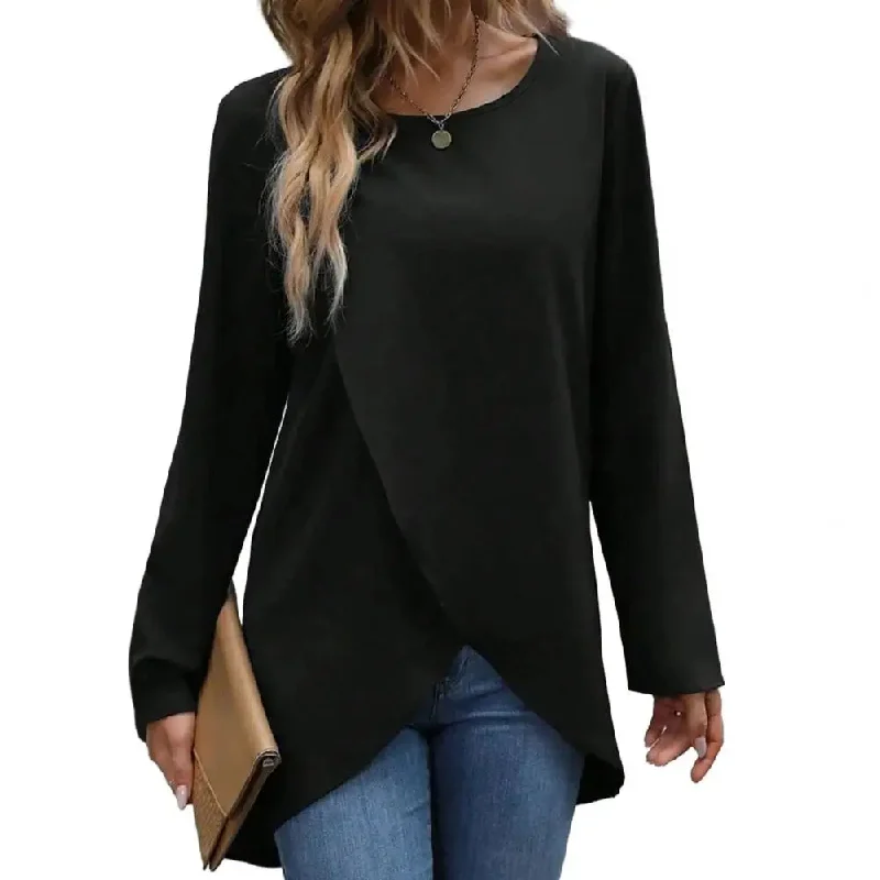 Women Irregular Hem Round Neck Long Sleeve Trendy Solid Color Blouse