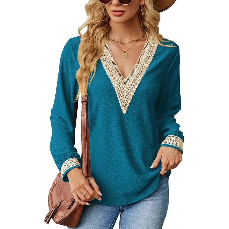 Women V Neck Hollow Out Color Matching Patchwork Long Sleeve Blouse