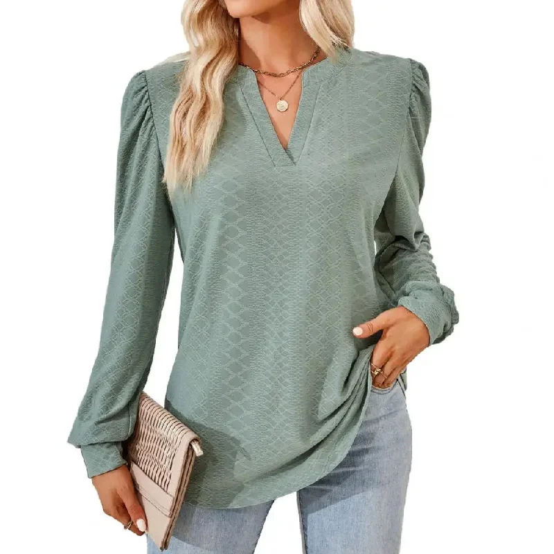 Women V Neck Long Sleeve Loose Applique Pullover Soft Casual Blouse