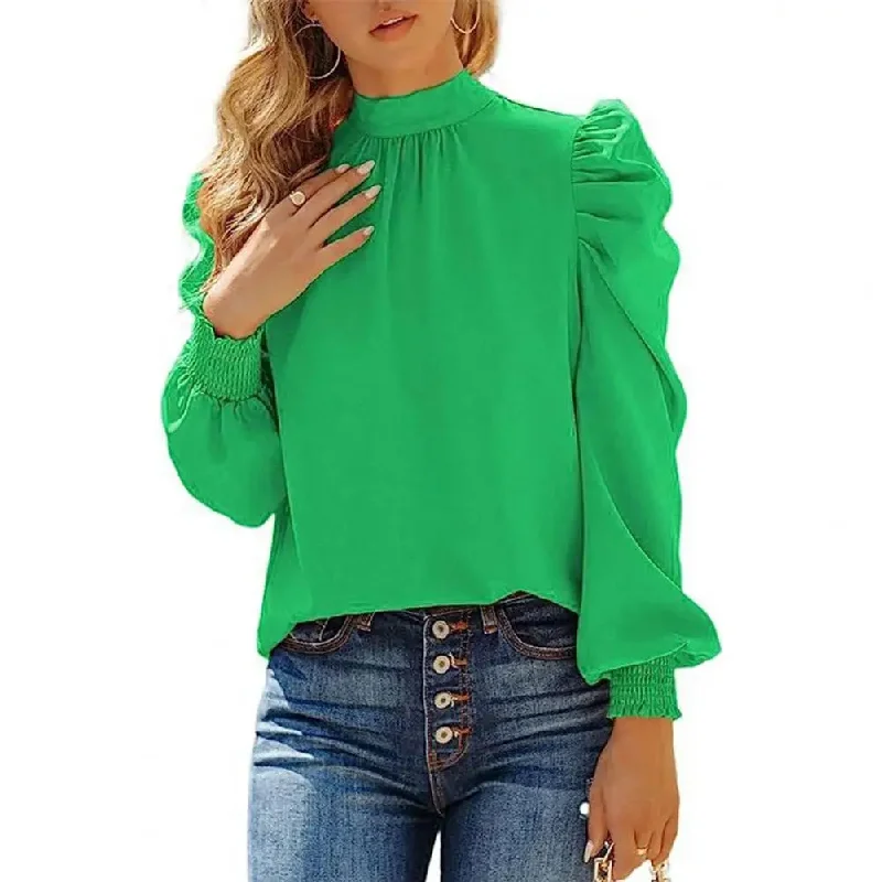 Women Blouse High Collar Pullover Shirt Puff Ruffle Long Sleeve Blouse