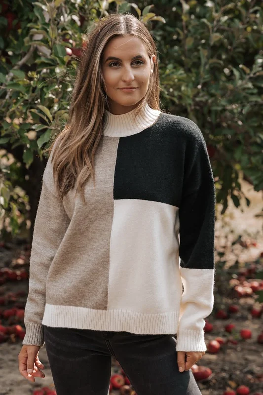 Cream Color Block Turtleneck Sweater